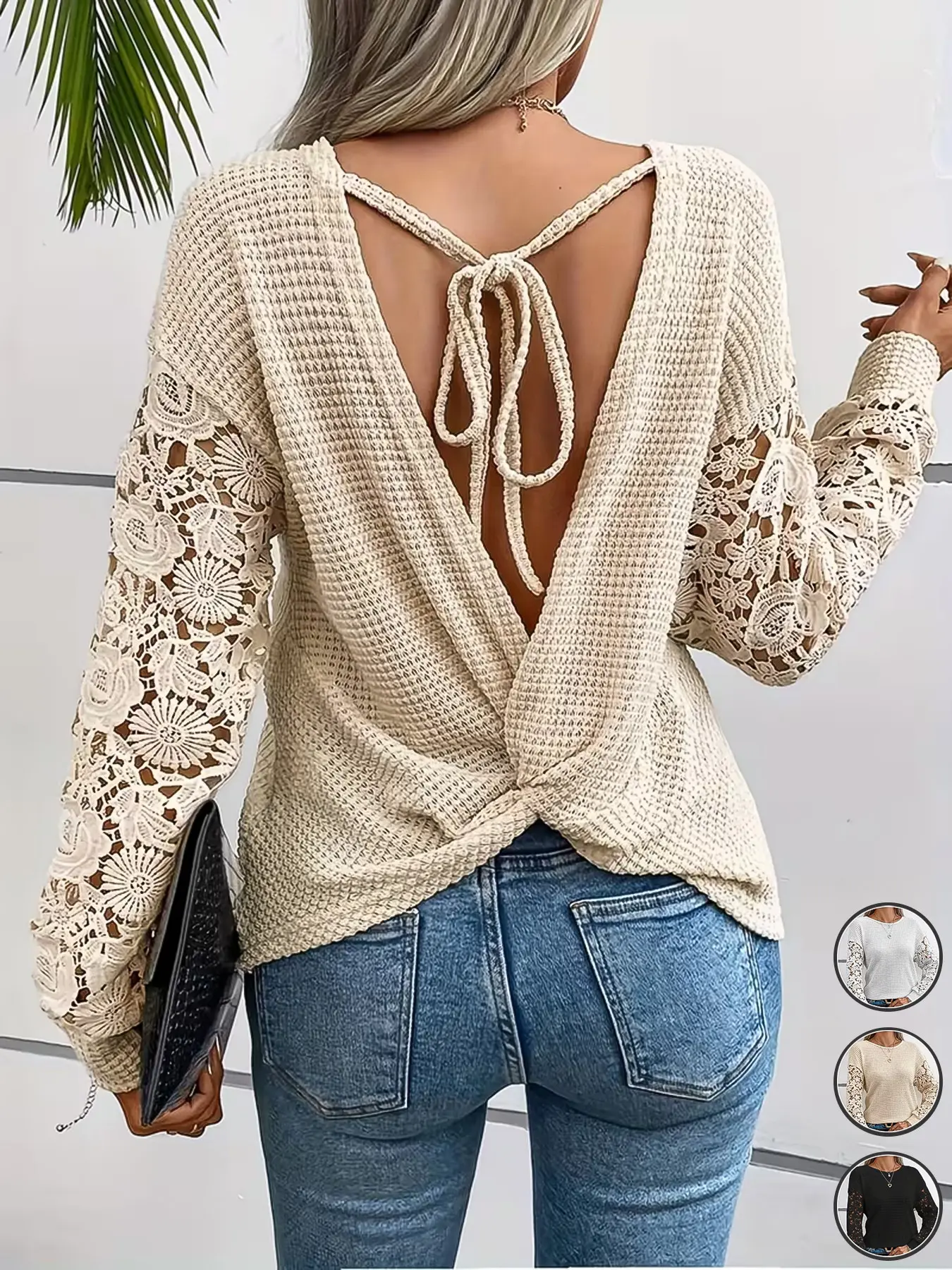 Women's Casual Elegant Contrast Lace Trim Twist Knot Backless Top , Stylish and Comfortable Top for Daily Wear, All-Season Versatile Casual to Wear, Boho Style Top