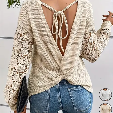 Women's Casual Elegant Contrast Lace Trim Twist Knot Backless Top , Stylish and Comfortable Top for Daily Wear, All-Season Versatile Casual to Wear, Boho Style Top