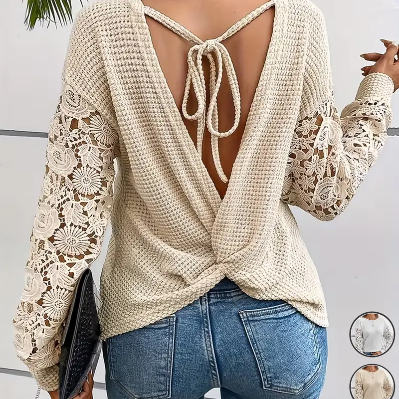 Women's Casual Elegant Contrast Lace Trim Twist Knot Backless Top , Stylish and Comfortable Top for Daily Wear, All-Season Versatile Casual to Wear, Boho Style Top