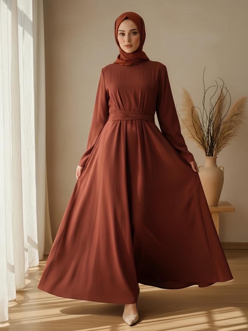 Elegant Long Sleeve Round Neck Back Zipper Waist Belt Pocket Modest Style Dress, Stylish Women's Casual Wear, Perfect for Daily