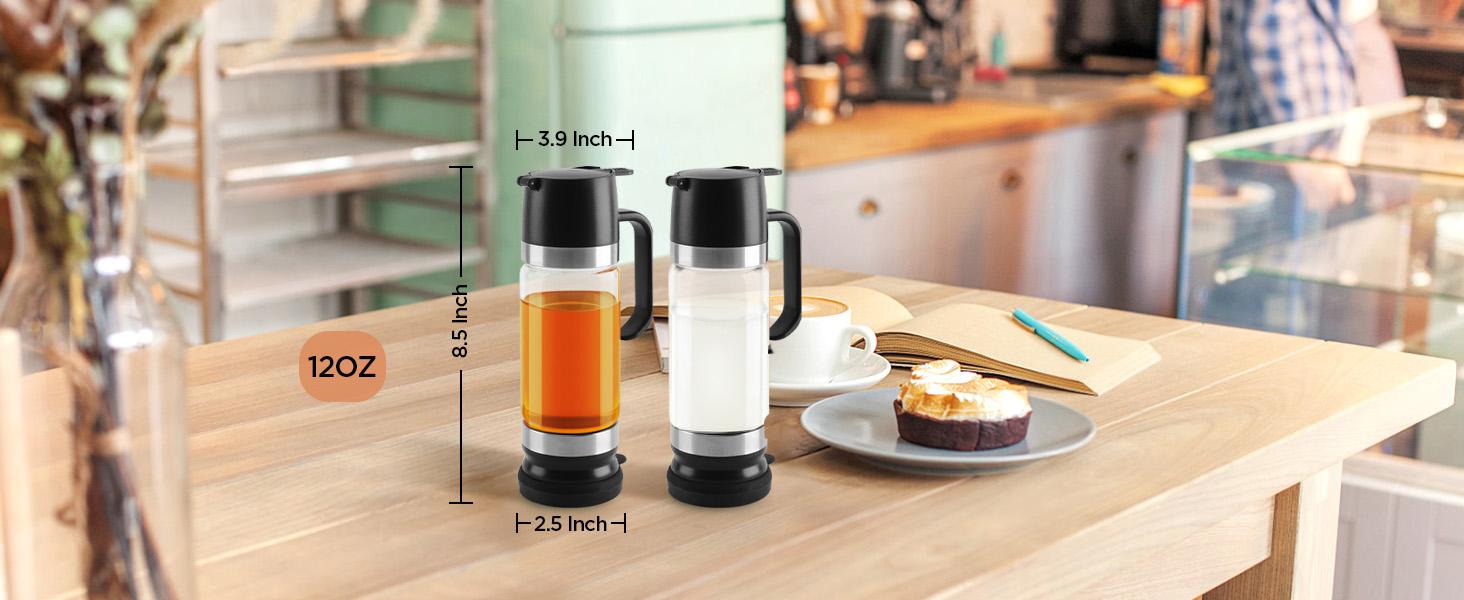 Coffee Syrup Dispenser, Honey Dispenser, 12 OZ Glass Syrup Bottles with Handle, No Drip Pouring, Coffee Bar Accessories for Coffee and Tea, Black 2 Pack