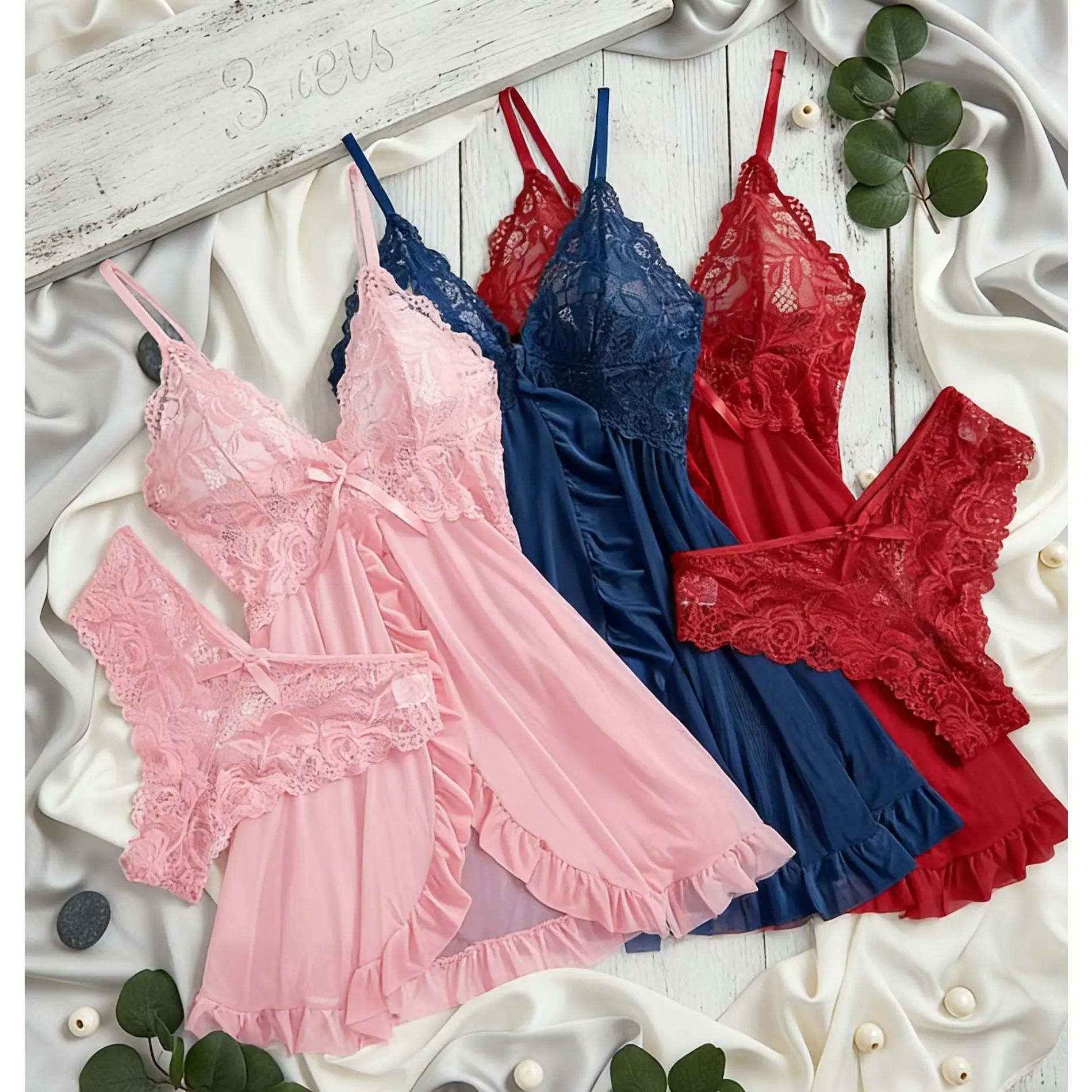 Women's 3-Pack V-Neck Contrast Lace Lingerie Set - Mesh Polyester Nightwear, Bralette Sleepdress, All Seasons Loungewear, Decorative & Comfy Romantic Night Gown