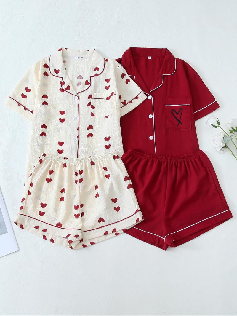 Women's All Over Print Loungewear Set, Contrast Binding Pocket Top & Shorts Pj Set, Ladies Summer Sleepwear