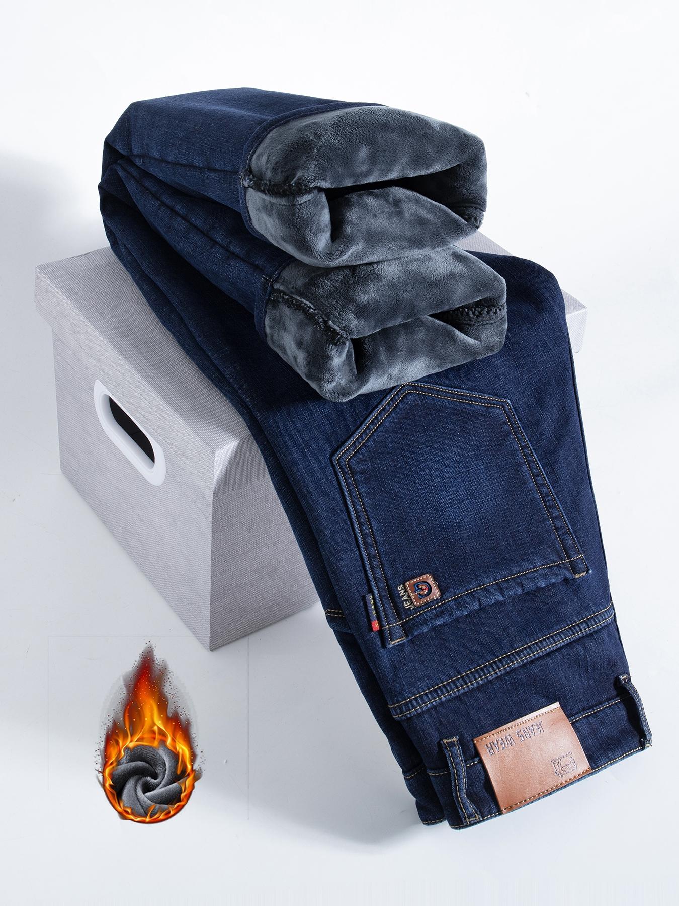 Men's Fleece Lined Denim Jeans, Loose Straight Leg Long Pants, Warm Fashionable Winter Washed Jeans, Casual All-Season Wear