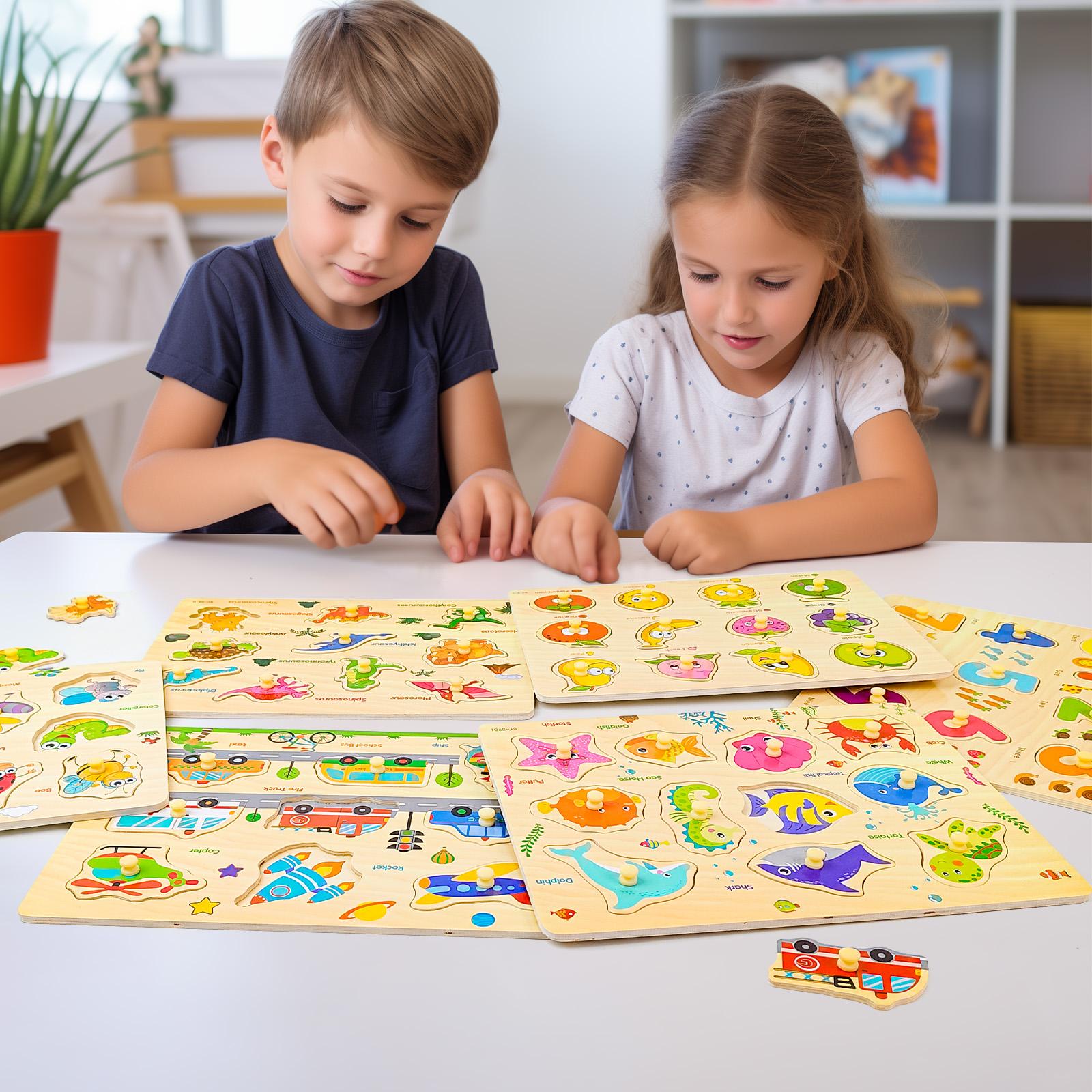 edutree Wooden Peg Puzzles for Toddlers 1 2 3 4, 6 Pack Educational Peg Puzzles Montessori Toys, Learning Puzzles for Kids Girs Boys with Alphabet Number Animal Vehicle Shape, Halloween gift