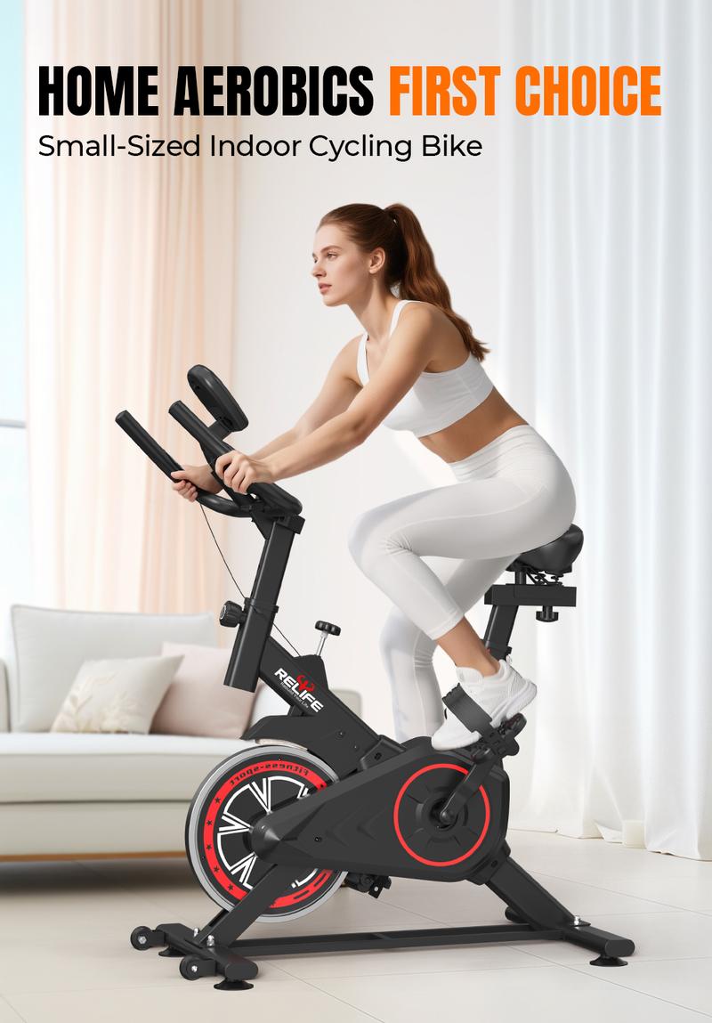 Relife Stationary Exercise Bike Fully Adjustable Indoor Cycling Bike with Comfortable Seat, Silent Belt Drive, LCD Monitor, and 330LBS Capacity for Home Cardio Workouts