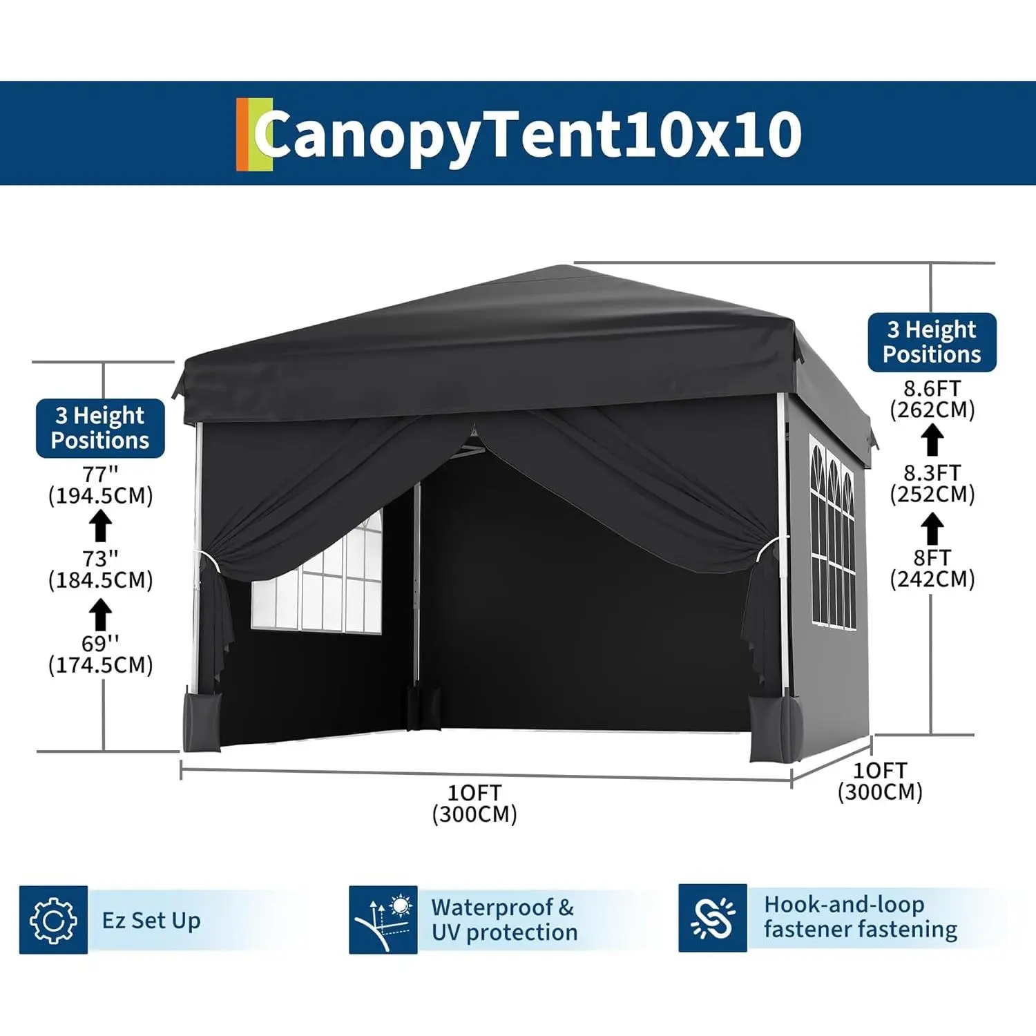 10x10 Folding Gazebo Tent – Waterproof, UV Protection, Easy Setup, 4 Detachable Sidewalls, Portable with Carry Bag & Guy Lines, Perfect for Camping, Backyard, Events – Multiple Colors