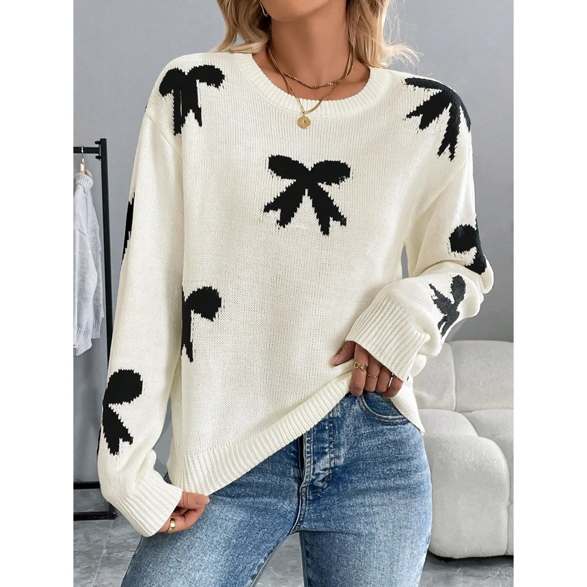 Women's Coquette Aesthetic Bow Print Oversized Crew Neck Long Sleeve Pullover Sweater - Halloween Fit Tops, Trending Fall Casual Loose Knitwear