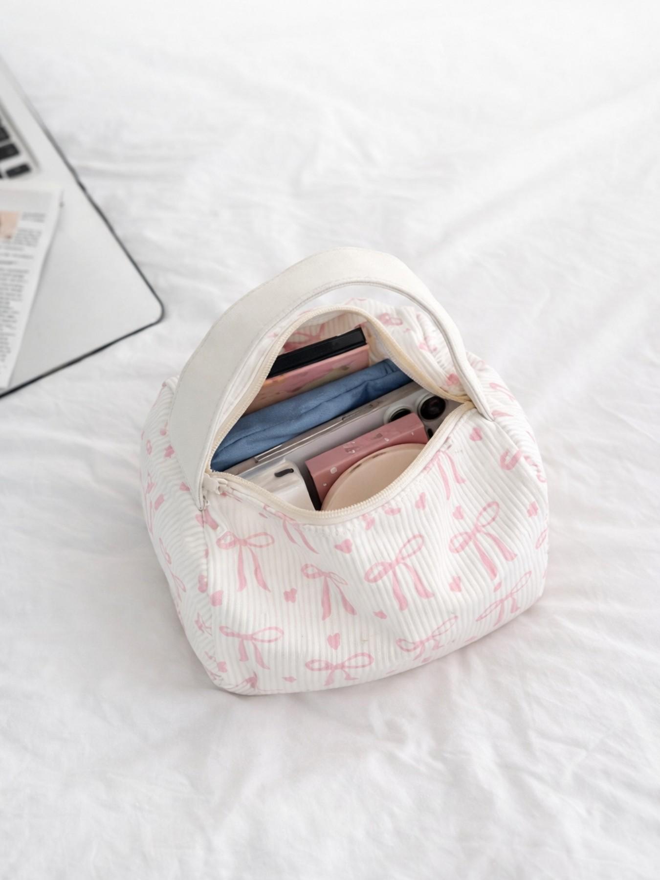 2026 Cute Pink Bow Makeup Bag, Corduroy Cosmetic Organizer Pouch, Large Capacity Travel Toiletry Bag, Portable Vanity Case for Girls
