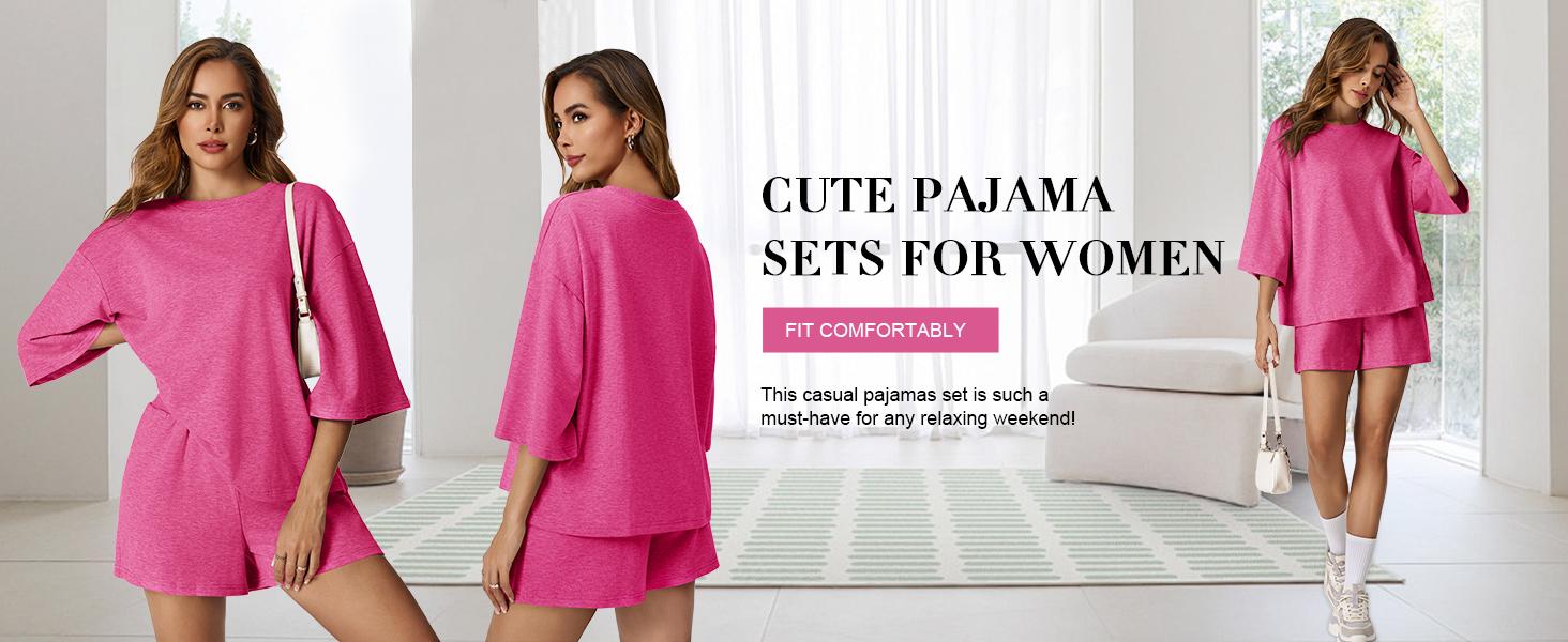 FMEYOA Womens Casual Comfy 2 Piece Outfits 3/4 Sleeve Tops and Elastic Waist Shorts Lounge Sets Loungewear