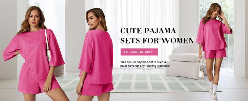 FMEYOA Womens Casual Comfy 2 Piece Outfits 3/4 Sleeve Tops and Elastic Waist Shorts Lounge Sets Loungewear