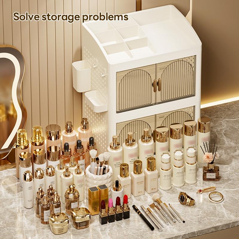 33cm*24.5cm Small Capacity Plastic Storage Cabinet, Magnetic Transparent Double Door, Organizer for Cosmetics and Small Items, Durable and Stylish