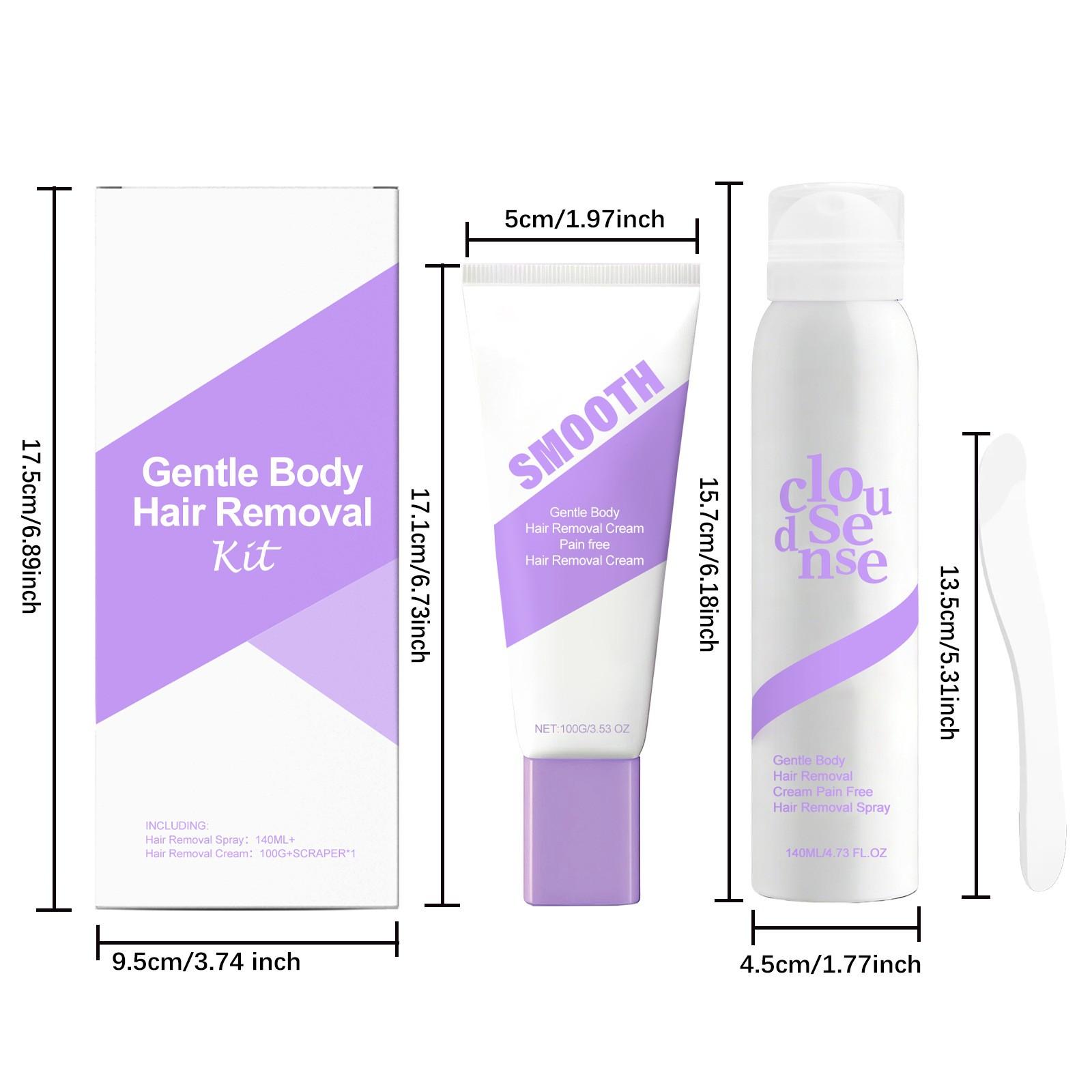 Smooth Body Hair Removal Kit, Gentle Cleansing, Moisturizing, Smooth Skin, Full Body Depilation, Portable Daily Use, Spray 140ML, Cream 100g, Scraper