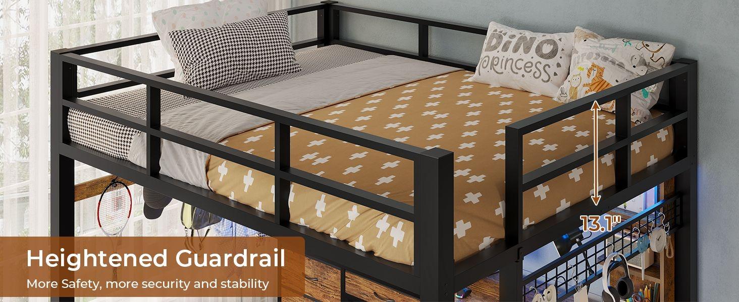 Sikaic Full Metal Loft LED Bed Frame with 8 Storage Drawers & Charging Station and 4 Open Storage Shelves Brown