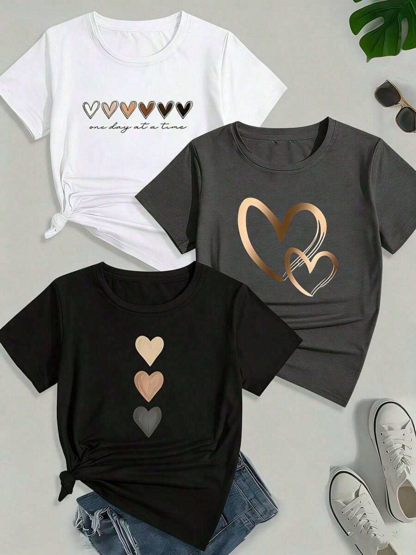 Women's Round Neck Letter and Heart Print T-Shirt, Vintage Fashion Casual Off-Shoulder Short Sleeve Top, Perfect for Daily Wear