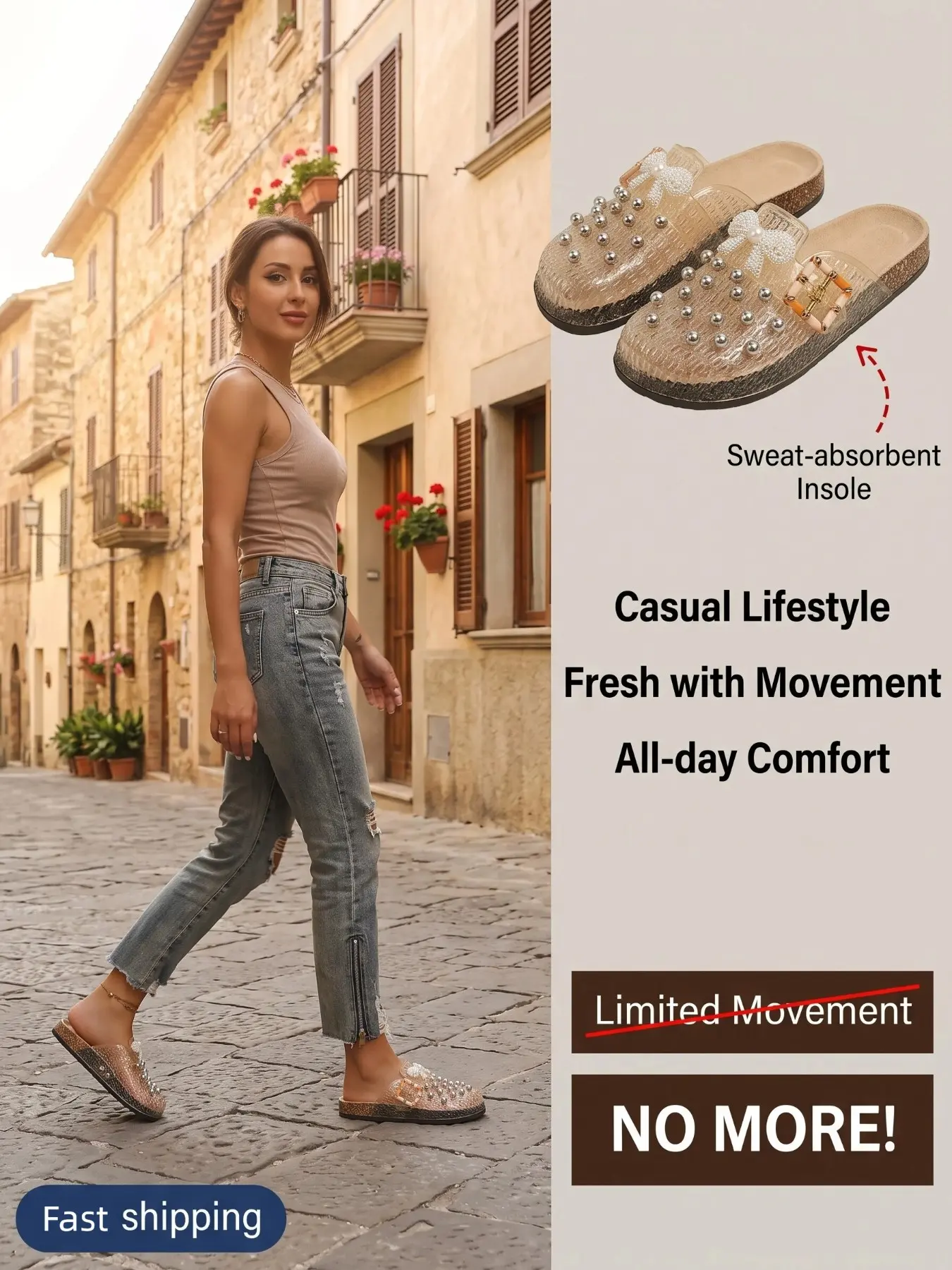 Women's Pearl Rhinestone Stud Jelly Mule Shoes, Transparent Slip-On Sandals with Bow and Buckle Decor, Summer Fashion Footwear, Rhinestone Bow Mules