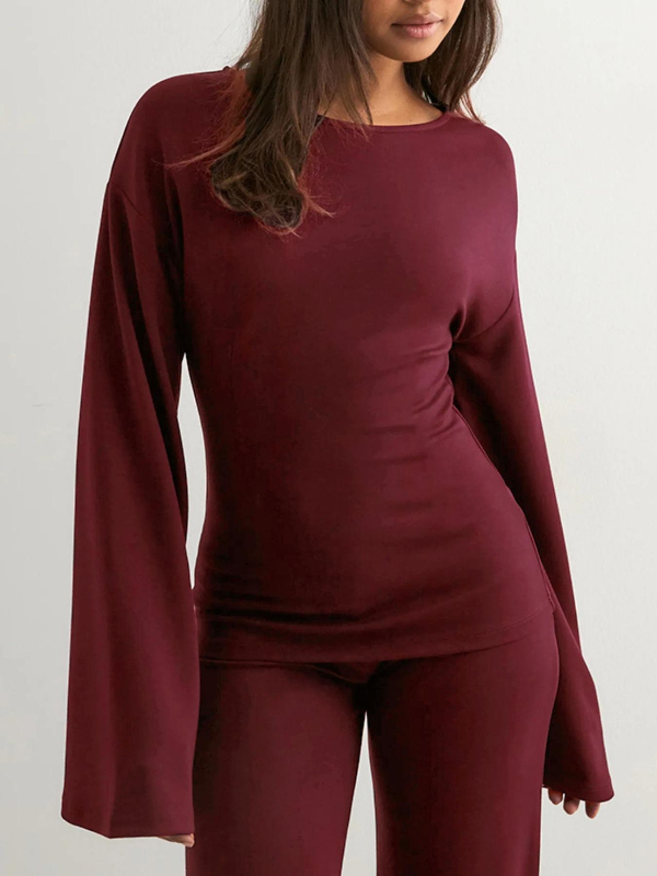 Women's New Fall Fitted Round Neck Flare Sleeve Top & Elastic Waist Straight Leg Pants Set, Casual Fashion for Daily Wear