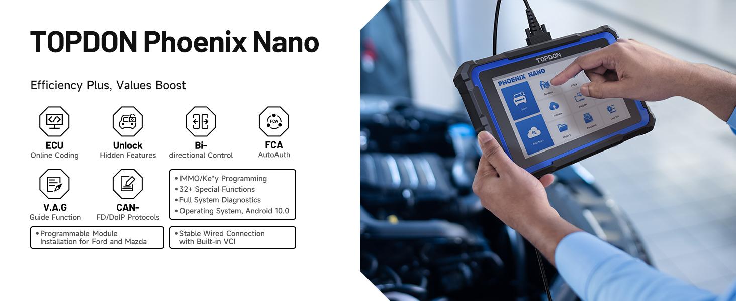 TOPDON Phoenix Nano, Bidirectional Scan Tool, ECU Coding Tool, FCA AutoAuth, CAN FD/DoIP Protocols, 32+ Special Functions, Full System Diagnostic, Free Updates for 2 Years