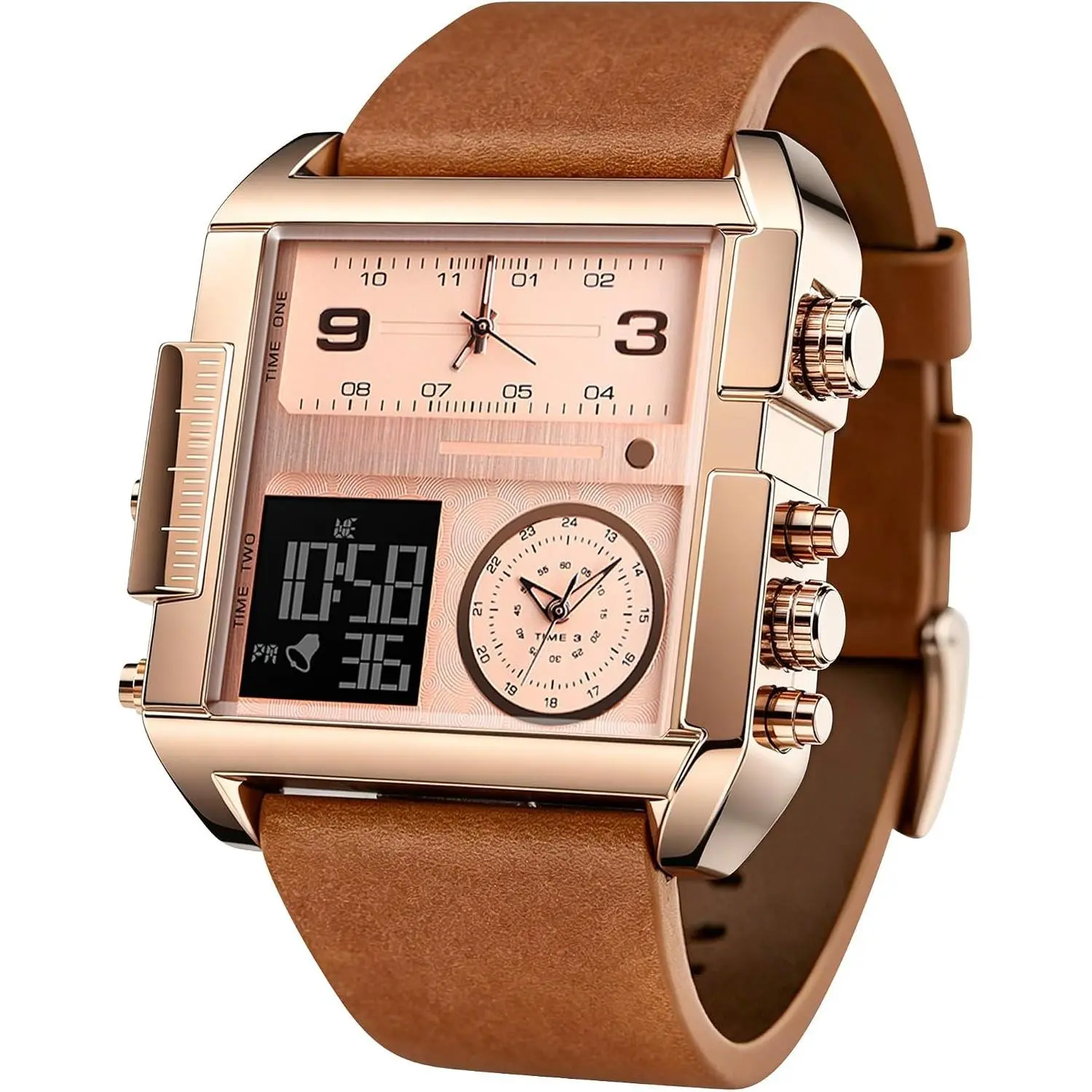 Men's Digital  Watch, LED Square Large  Analog Quartz Wrist Watch with Multi-Time Zone  Stopwatch