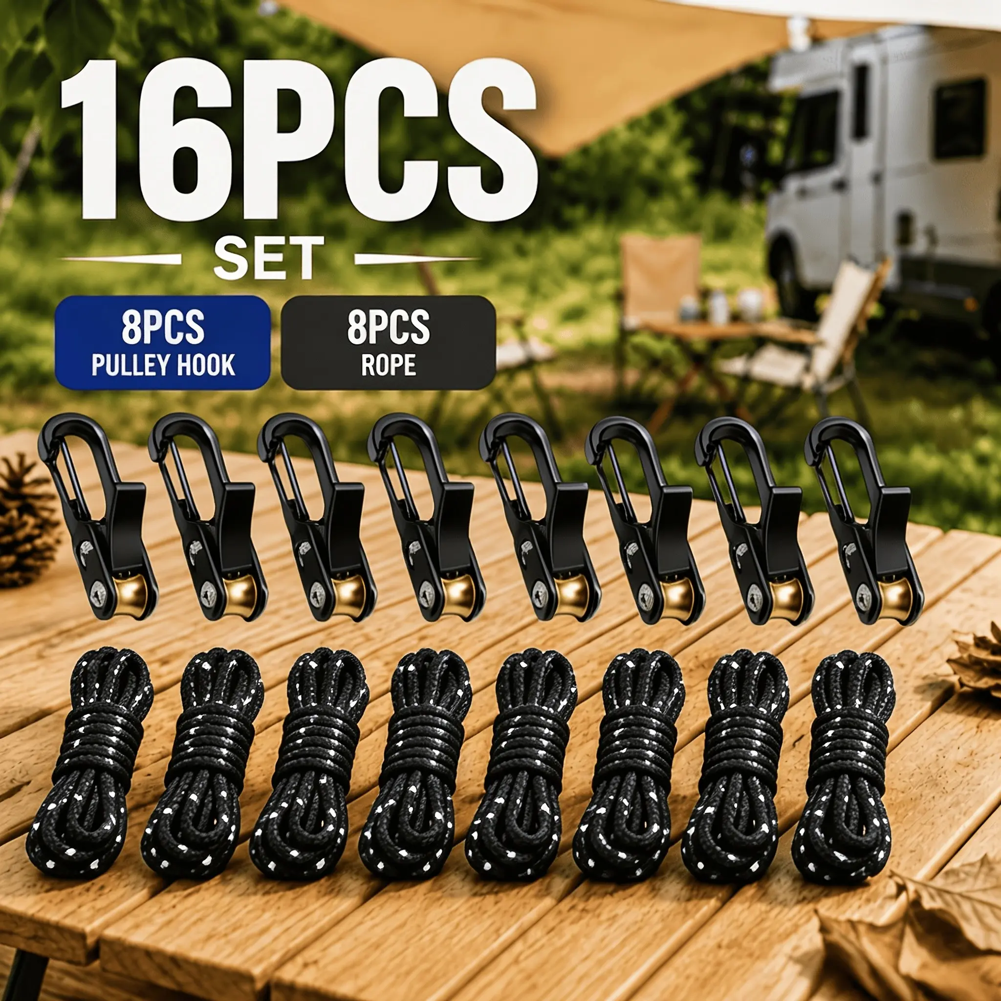 16-Piece Rope Set with Pulley Tightener, Includes 8 Hooks & 8 Ropes, Quick Adjust Locking Buckle, Outdoor Camping Gear Upgrade