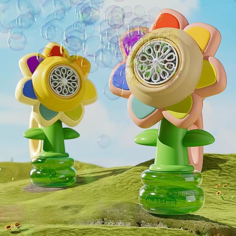 Summer Toy Gift, Indoor Outdoor Birthday Wedding Party Bubble Machine, Colorful Flower Design, USB Rechargeable, Portable Round Shape