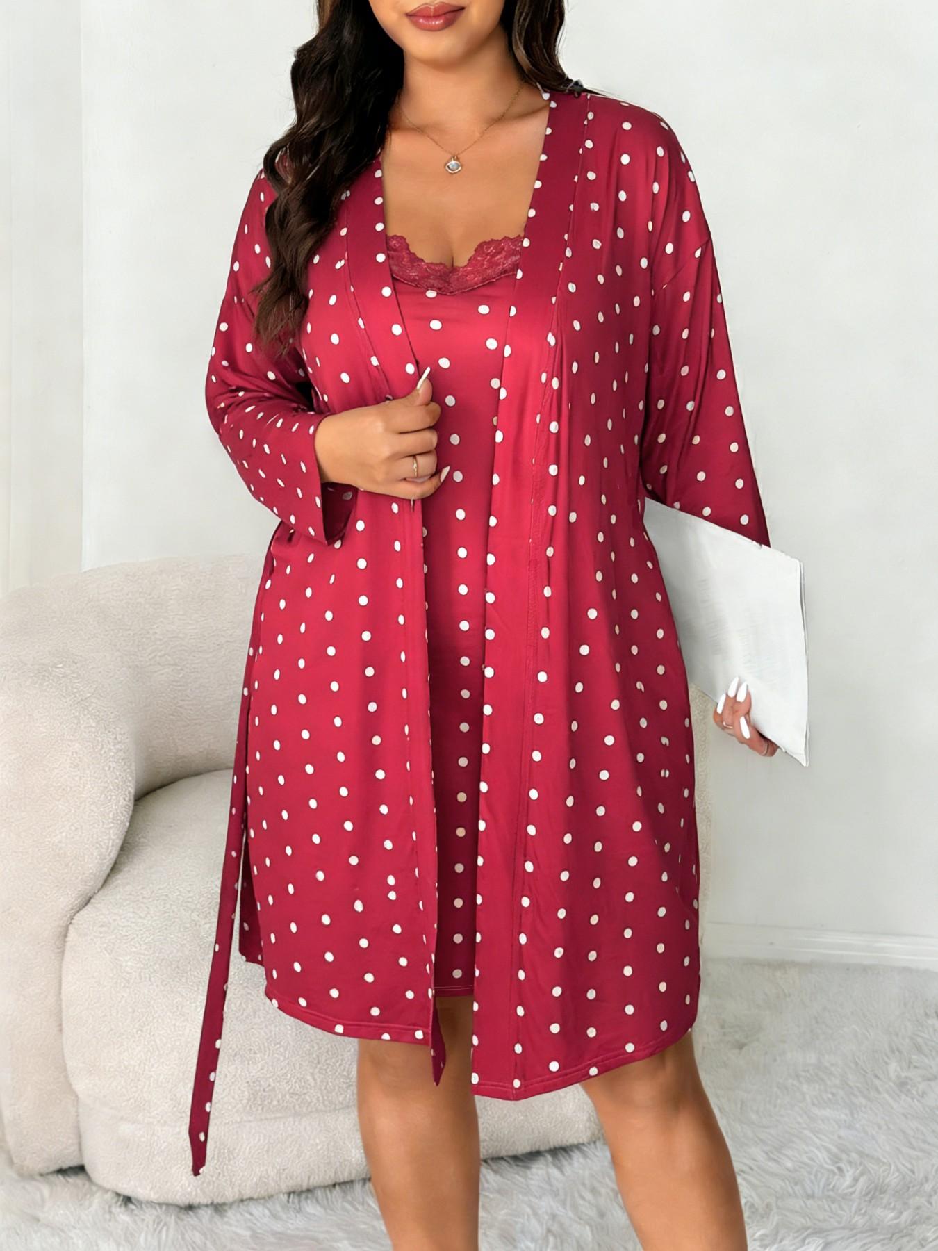 Plus Size Women's Nightwear Set, Floral Print Lace Nightdress + Long Robe, Comfortable Soft Home Sleepwear, Casual Fitted Style