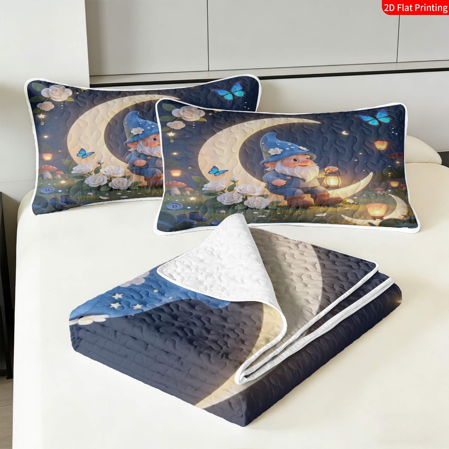 3 pcs, 2D flat print Cute Gnome Moonlight bed cover set, Enchanted Night Garden theme, multiple sizes available, bedding set, festive decorative bedding, ideal for bedroom decor(1 bedspread , 2 pillowcases)