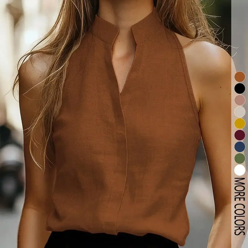 Women's Solid Mandarin Collar Camisole Shirts Tank Top, Versatile Basic Casual Elegant Slimming Fit for Daily Commuting, Summer Casual Sleeveless