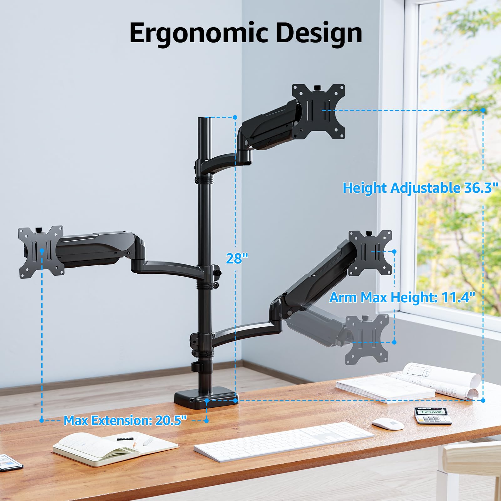 MOUNTUP 13"-32" Triple Monitor Arm Holds 4.4-17.6lbs per Arm, MU6013A