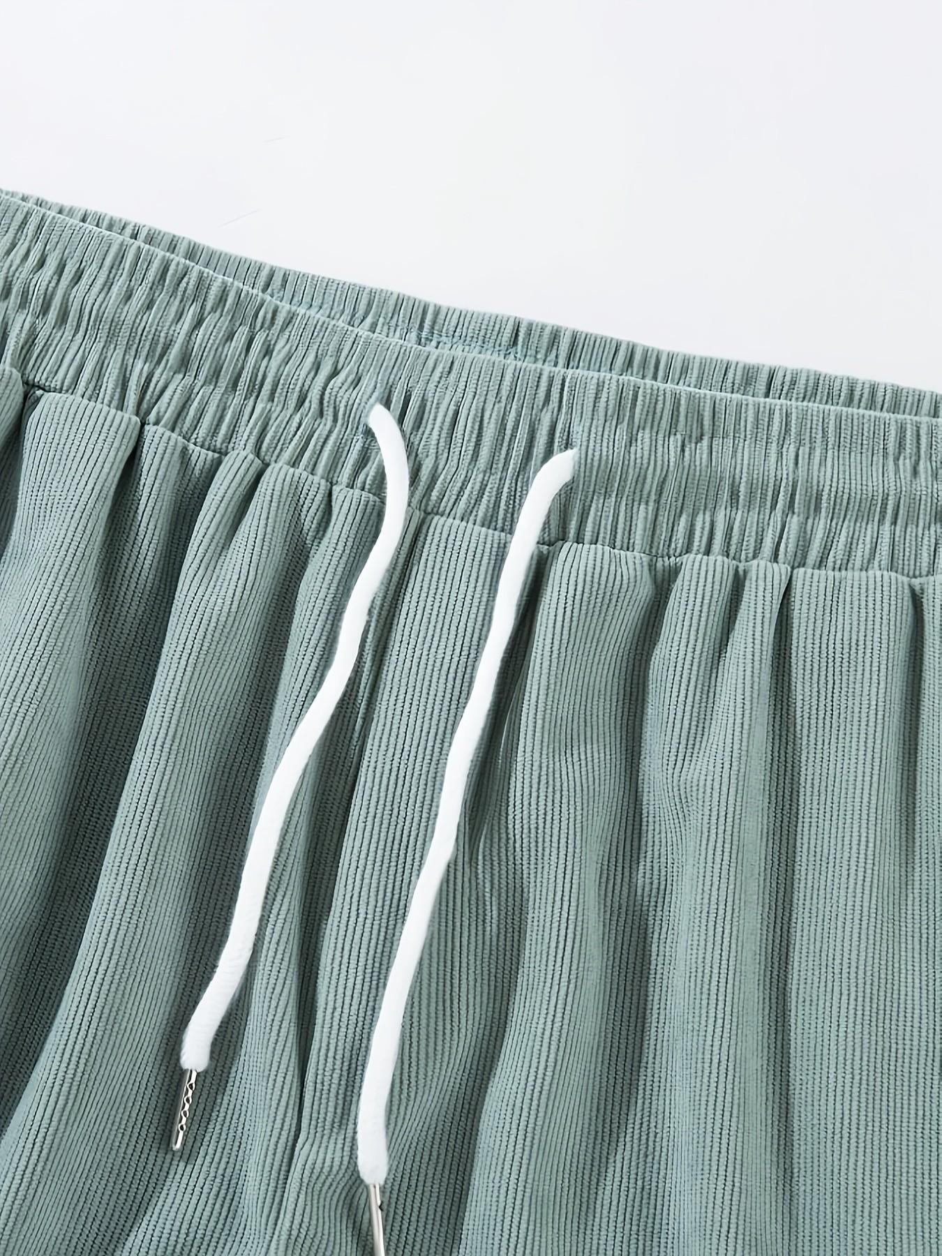 Men's Solid Color Vintage Corduroy Striped Shorts, Drawstring, Pocket, Letter Leather Label, Lightweight Comfortable Gym Shorts, Summer Fitness, Outdoor, Beach Vacation