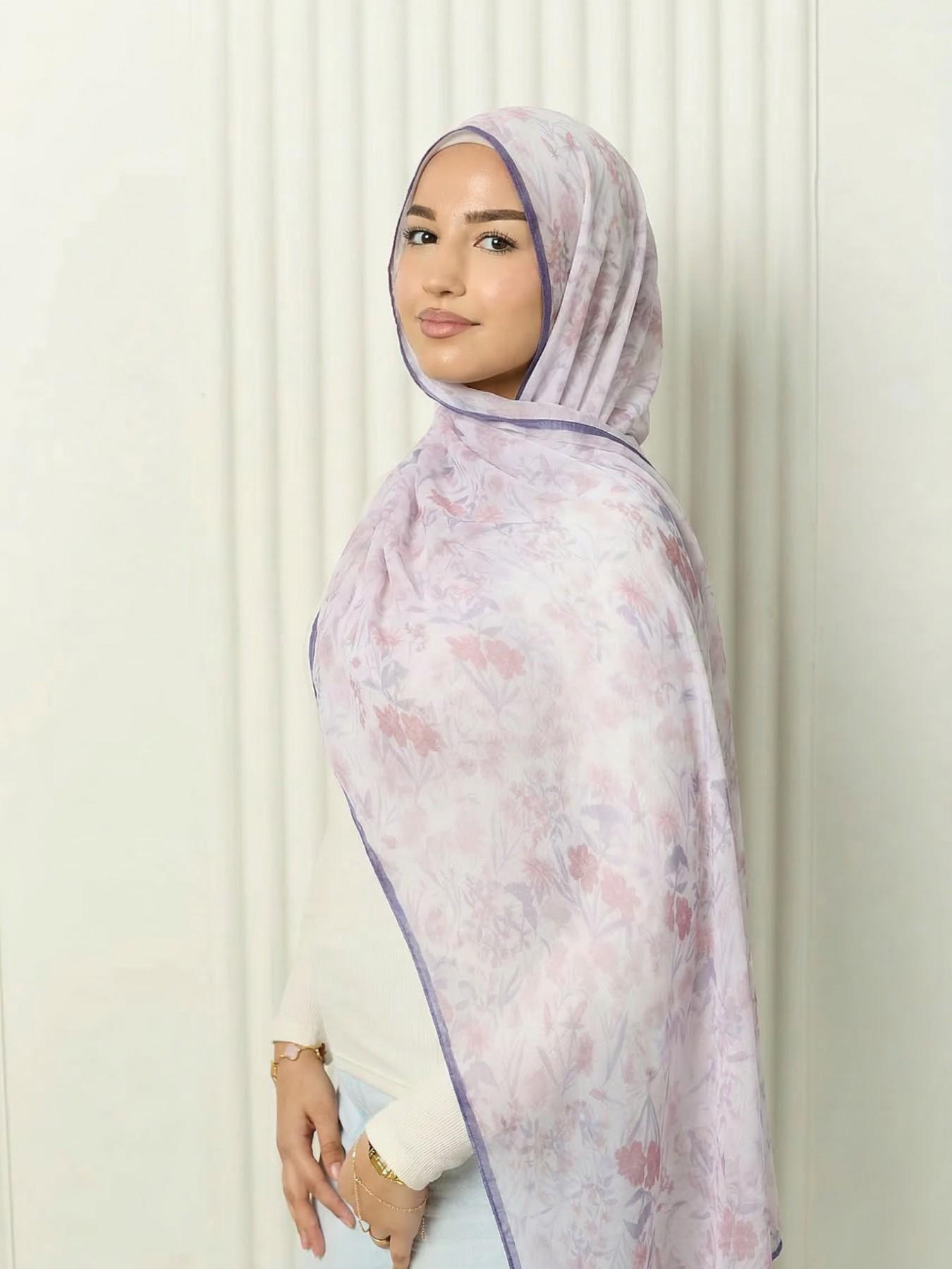 1pc Fashion Floral Voile Hijab Scarf, Elegant Printed Headscarf, Muslim Daily Wear Turban, Breathable Beach Long Shawl