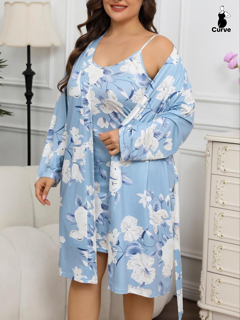 【Plus Size】 Floral Print Cami Nightdress & Bathrobe Set, Casual Soft Comfortable Nightdress & Long Sleeve Dressing Gown, Women's Sleepwear for All Seasons, Casual Comfy Nightdress