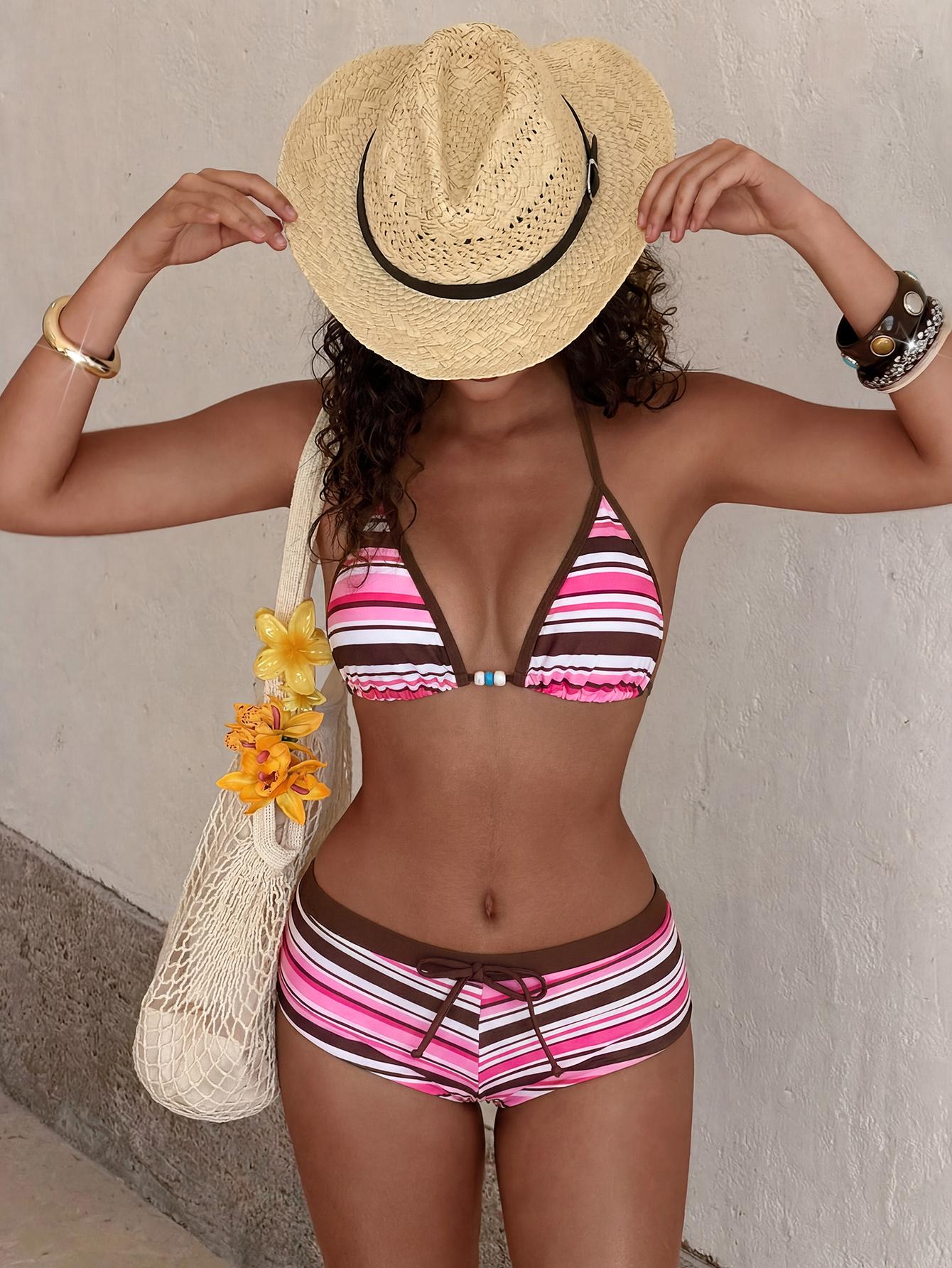 Women's Swimsuit Bikini Set Retro Yellow Polka Dot Print Vintage Color Block Summer Outfit for Beachwear & Vacation Y2k 2000s Streetwear