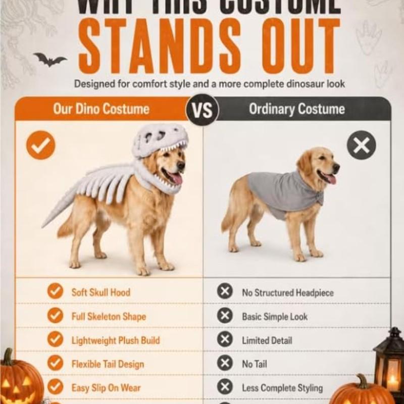 Pet Halloween Dog Costume with Dinosaur Skeleton, Realistic 3D Dinosaur Bone, Plush Pet Hat Costume, Large Dog Role Play Dress, Puppy Costume