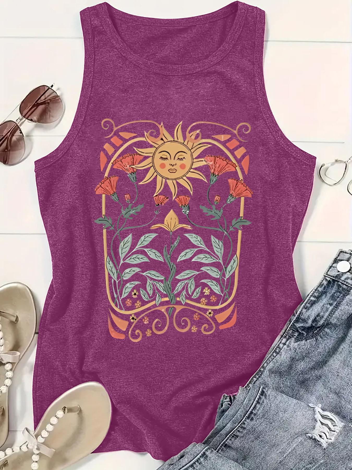Women's Floral & Sun Print Round Neck Tank Top, Boho Sleeveless Crew Neck Top for Summer, Ladies Clothes for Daily Wear