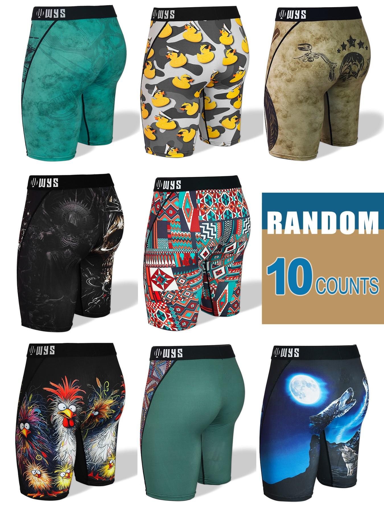 RANDOM 10PCS,Men's Long Athletic Stretchy Casual Boxer Briefs Set, Moisture-Wicking, Anti-Chafing, Quick-Dry, Halloween Skull Wolf Motorcycle Design Print, Comfortable Fit