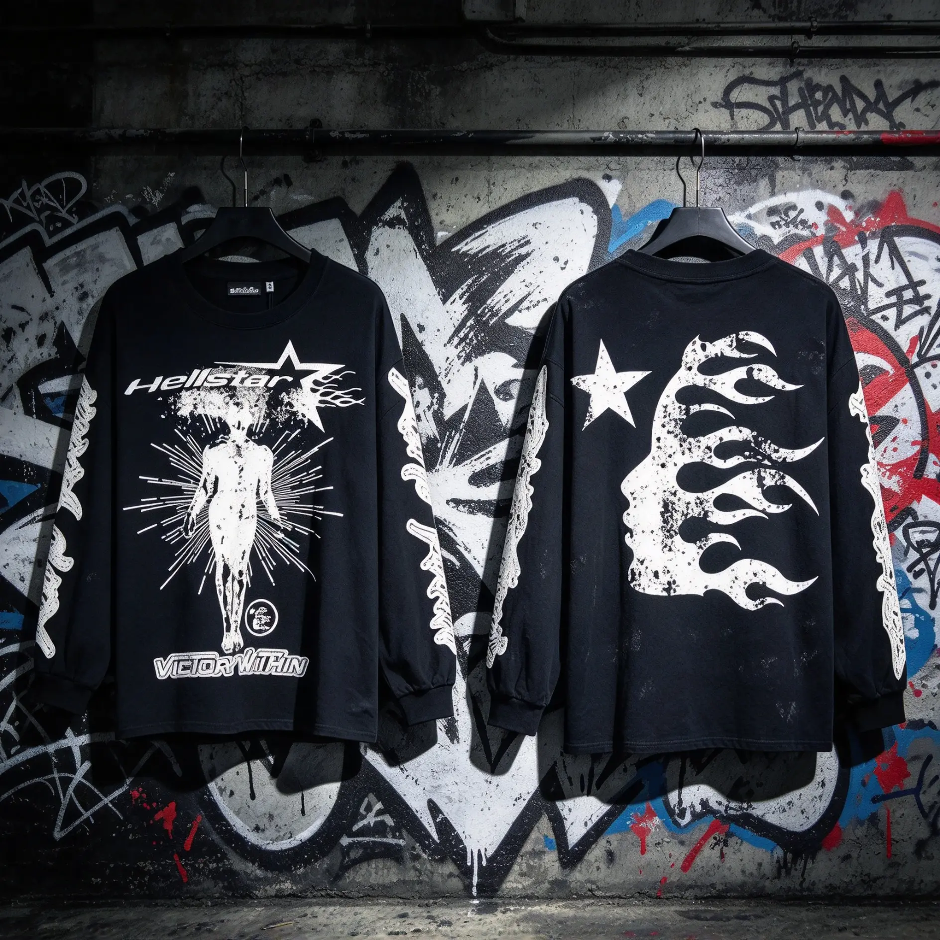 Hellstar Vintage Acid Washed Long Sleeve Tee, Oversized Retro Graphic Crewneck T-Shirt, Unisex Y2K Hip Hop Gothic Streetwear for Men and Women, Music Festival, Concert, Skate Punk & Outdoor Outfits