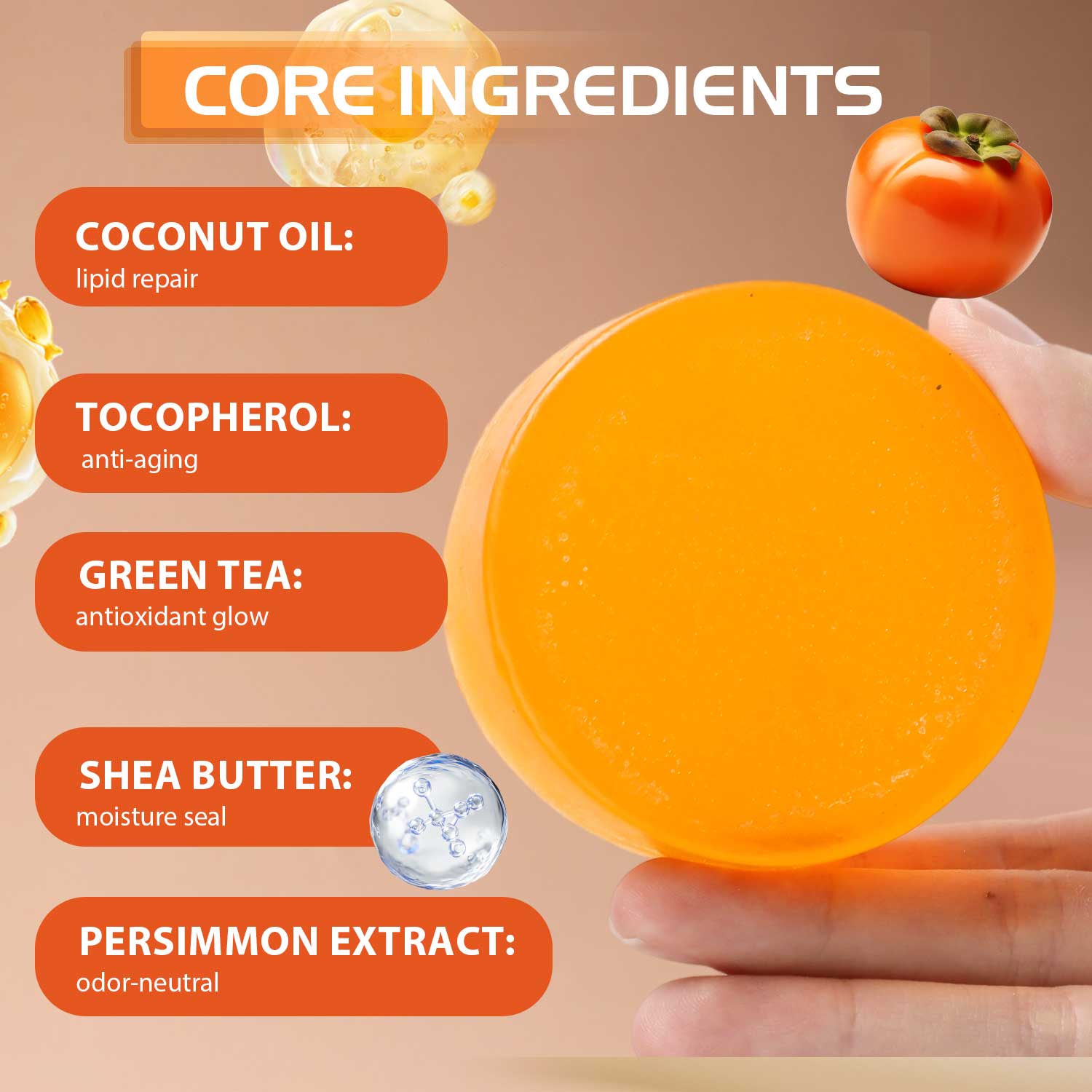 Persimmon Soap Bar - Deodorizing Soap - Purifying Soap - Nonenal Solution - Japanese Persimmon and Green Tea Extract - For Men and Women - Gentle on All Skin Types - Natural Body Odor Soap