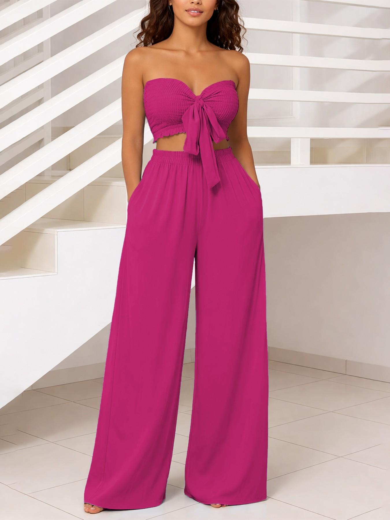 Women's 2-Piece Vacation Set, Fit, Strapless Top with Tie-Up Design, High-Waisted Wide-Leg Pants, Perfect for Beach Parties, Womenswear