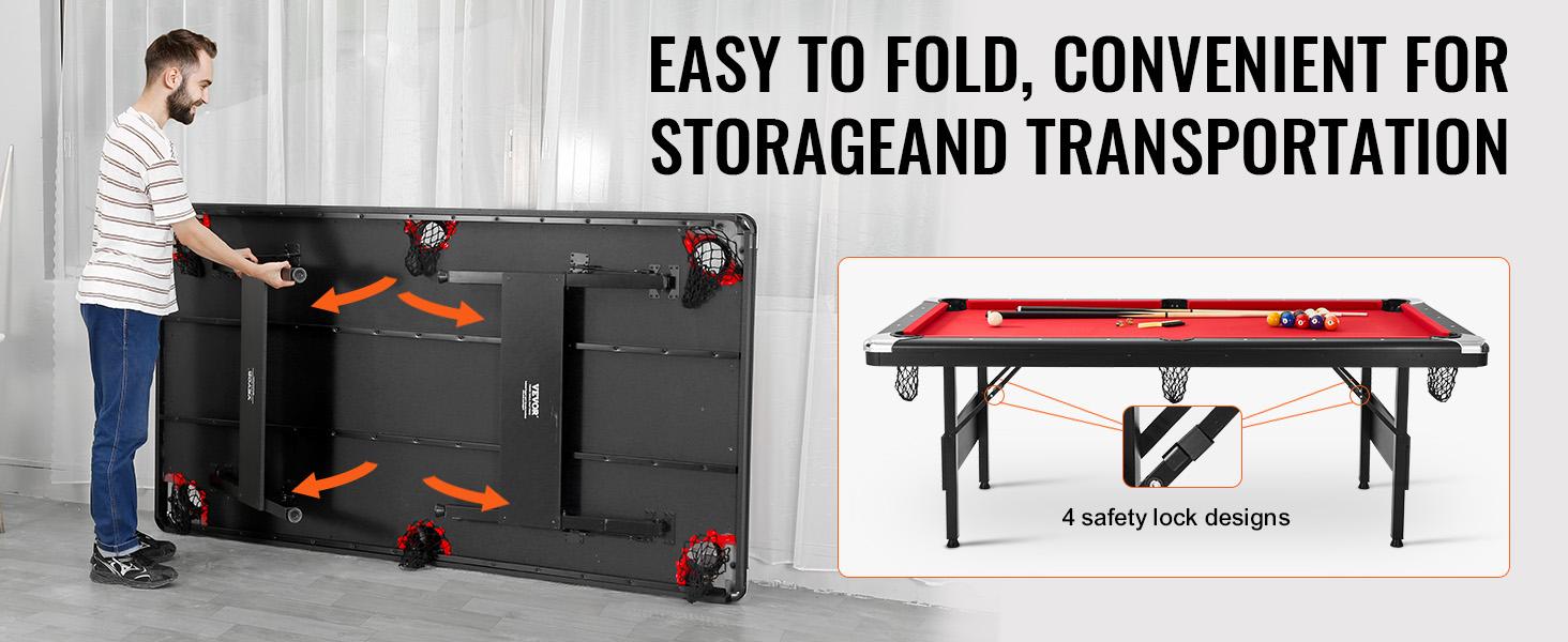 VEVOR Billiards Table, 7 ft Pool Table, Portable Foldable Space-Saving Table, Billiard Table Set Includes Balls, Cues, Chalks and Brush, Black with Red Cloth, Perfect for Family Game Room Kids Adults