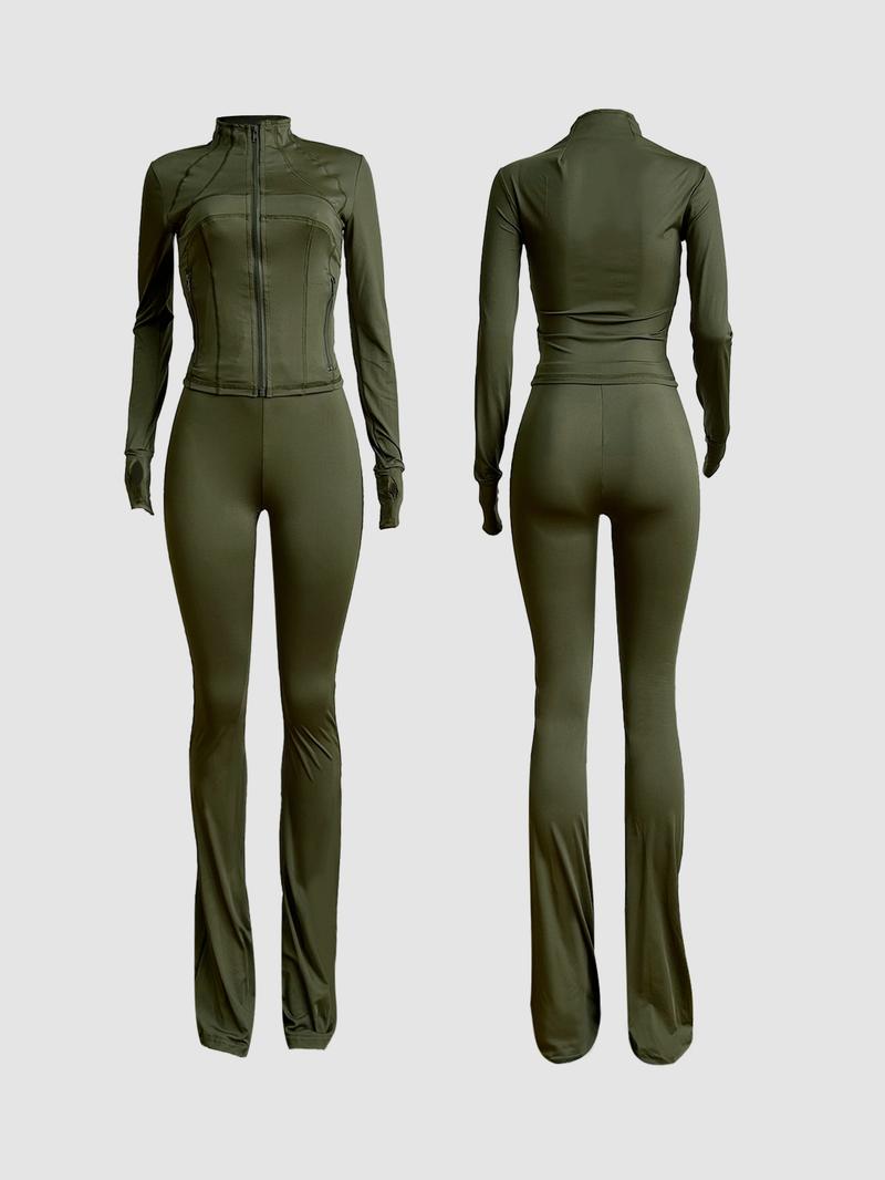 Women's Solid Long Sleeve Zip Up Jacket & Flare Leg Skinny Pants Two-piece Set, Casual Fashion Cozy Outfits for Daily Outdoor Wear, Women Clothes for Fall & Winter