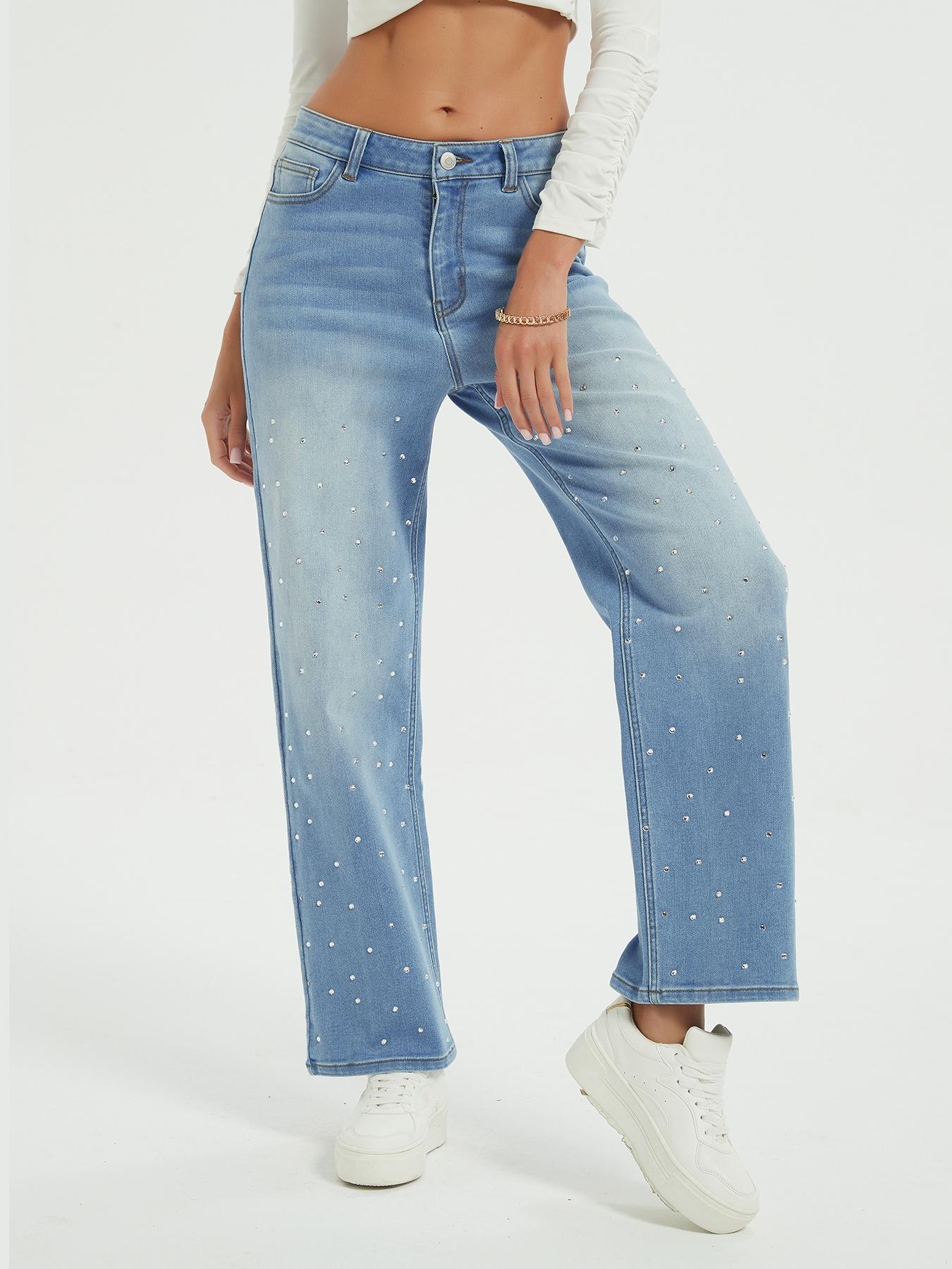 Women's High Elastic Rhinestone Straight Leg Jeans Pants, Casual Fitted Design with Pockets and Zipper, Fall & Winter Fashion