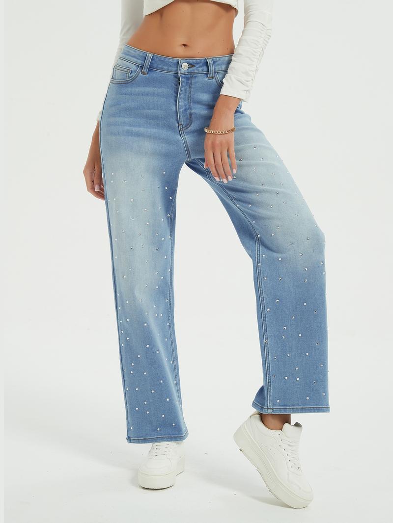 Women's High Elastic Rhinestone Straight Leg Jeans Pants, Casual Fitted Design with Pockets and Zipper, Fall & Winter Fashion