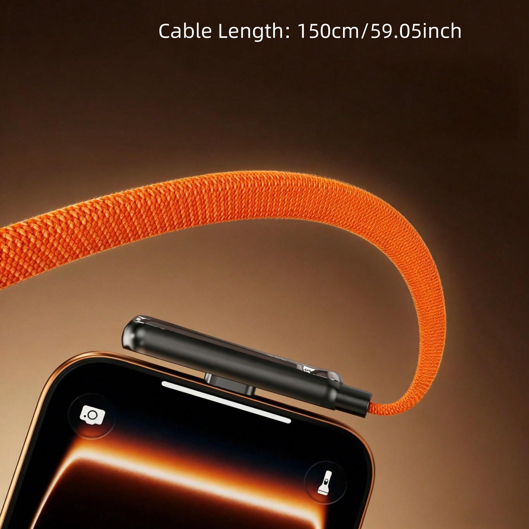 240W (Max) Orange Fast Charging Braided Data Cable, 2026 Latest Orange Stand Data Cable, featuring nylon braided material, supporting fast charging, with integrated phone stand, T-shaped foldable design, USB-C to Type-C interface. Compatible with iPhone 1