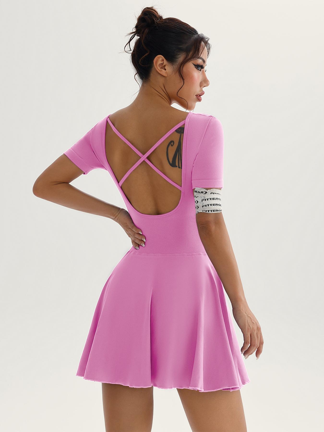 Women's Solid Square Neck Sports Dress Athletic Tennis Dress Inner Pocket, Casual Sporty Short Sleeve Skorts Dress for Daily Outdoor Sport, Ladies Sportswear for All Seasons, Womenswear