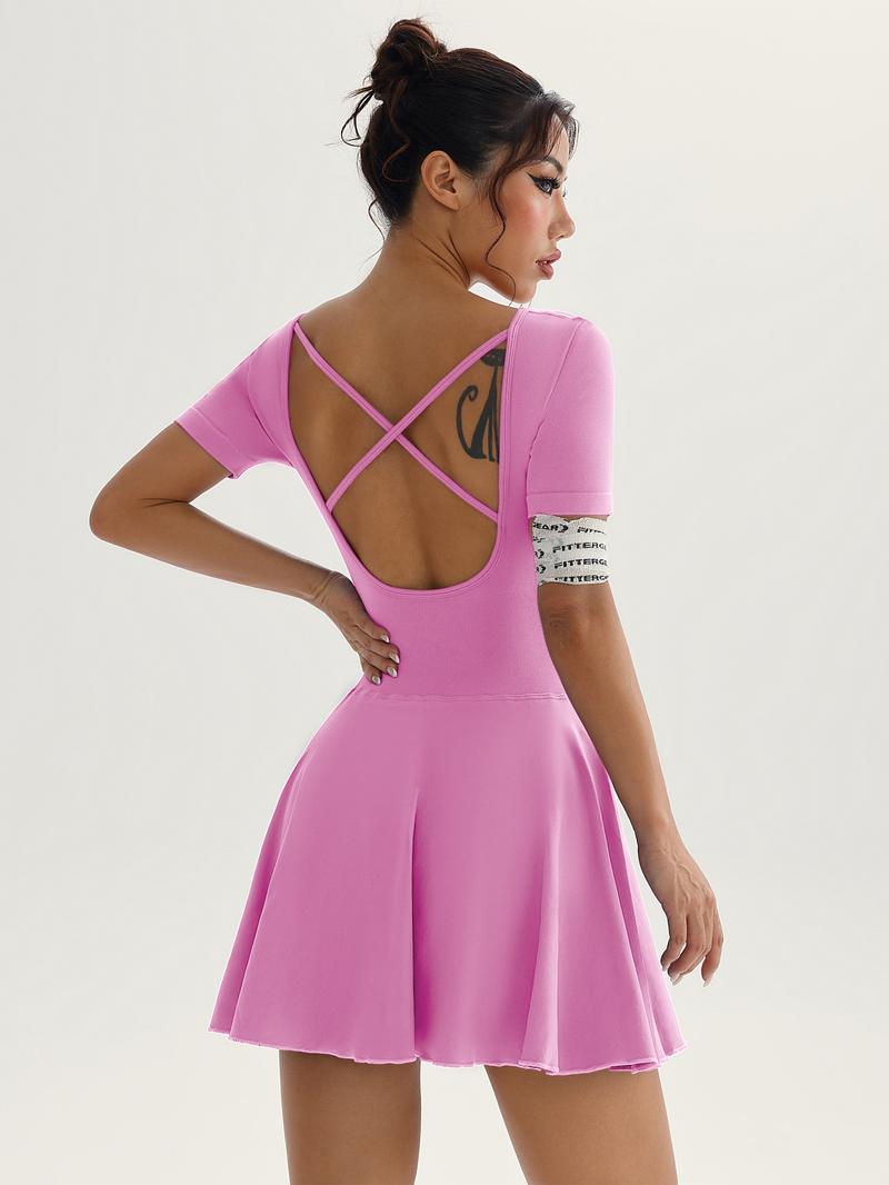 Women's Solid Square Neck Sports Dress Athletic Tennis Dress Inner Pocket, Casual Sporty Short Sleeve Skorts Dress for Daily Outdoor Sport, Ladies Sportswear for All Seasons, Womenswear