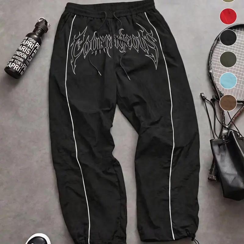 Men's Fashion Casual Comfy Sporty Sport Pants, Unique Print, Taslon Fabric, Striped Design, Adjustable Elastic Cuff, American High Street Style, Loose Sports Pants