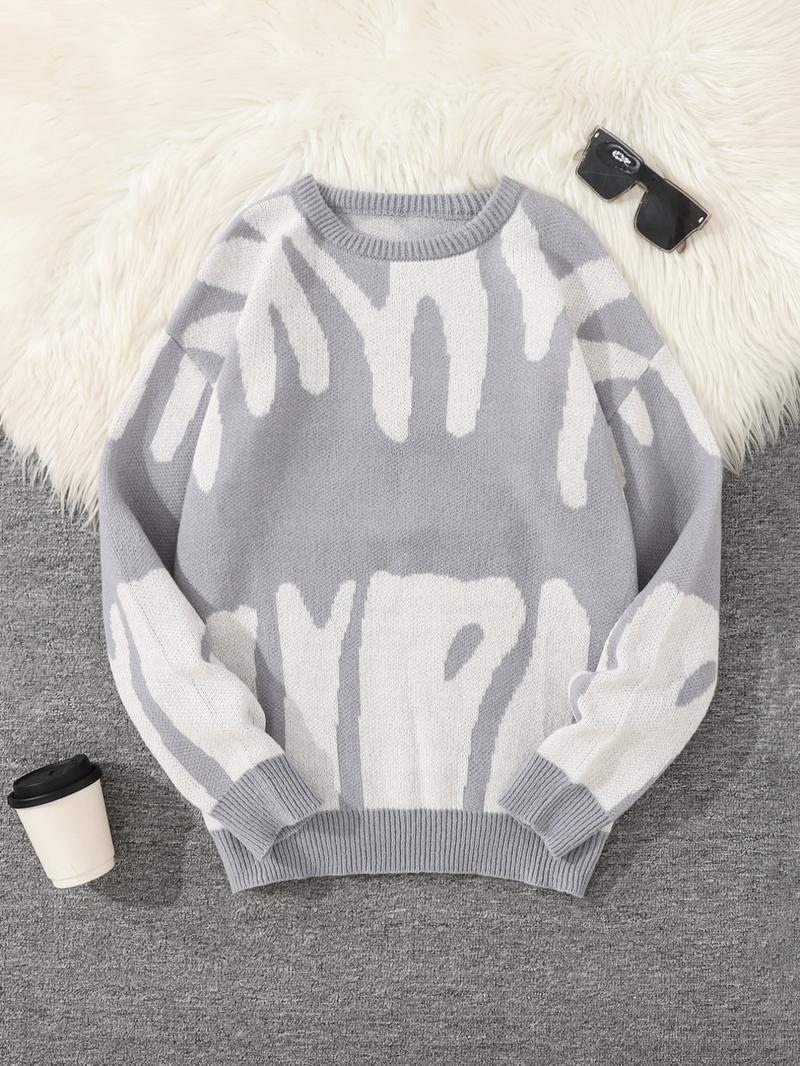 Unisex Men's Round Neck Drop Shoulder Hip Hop Sweater, Regular Fit All Over Print Long Sleeve Knitting Pullover, Drippy Outfits, Going Out Outfit