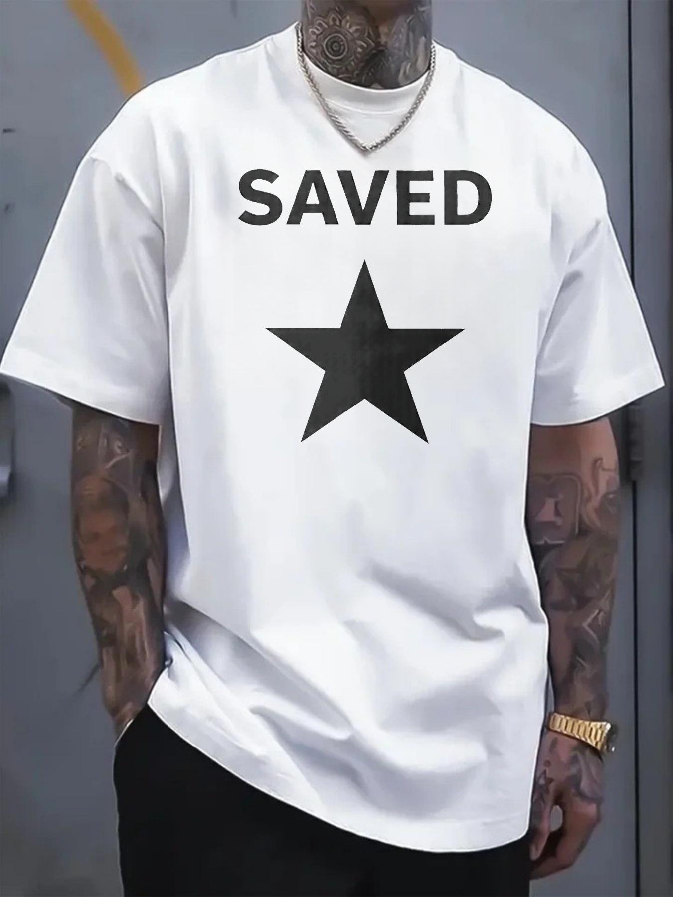 Men's T-shirt SAVED with white star print pattern, trendy short-sleeved casual street wear, versatile top for daily use