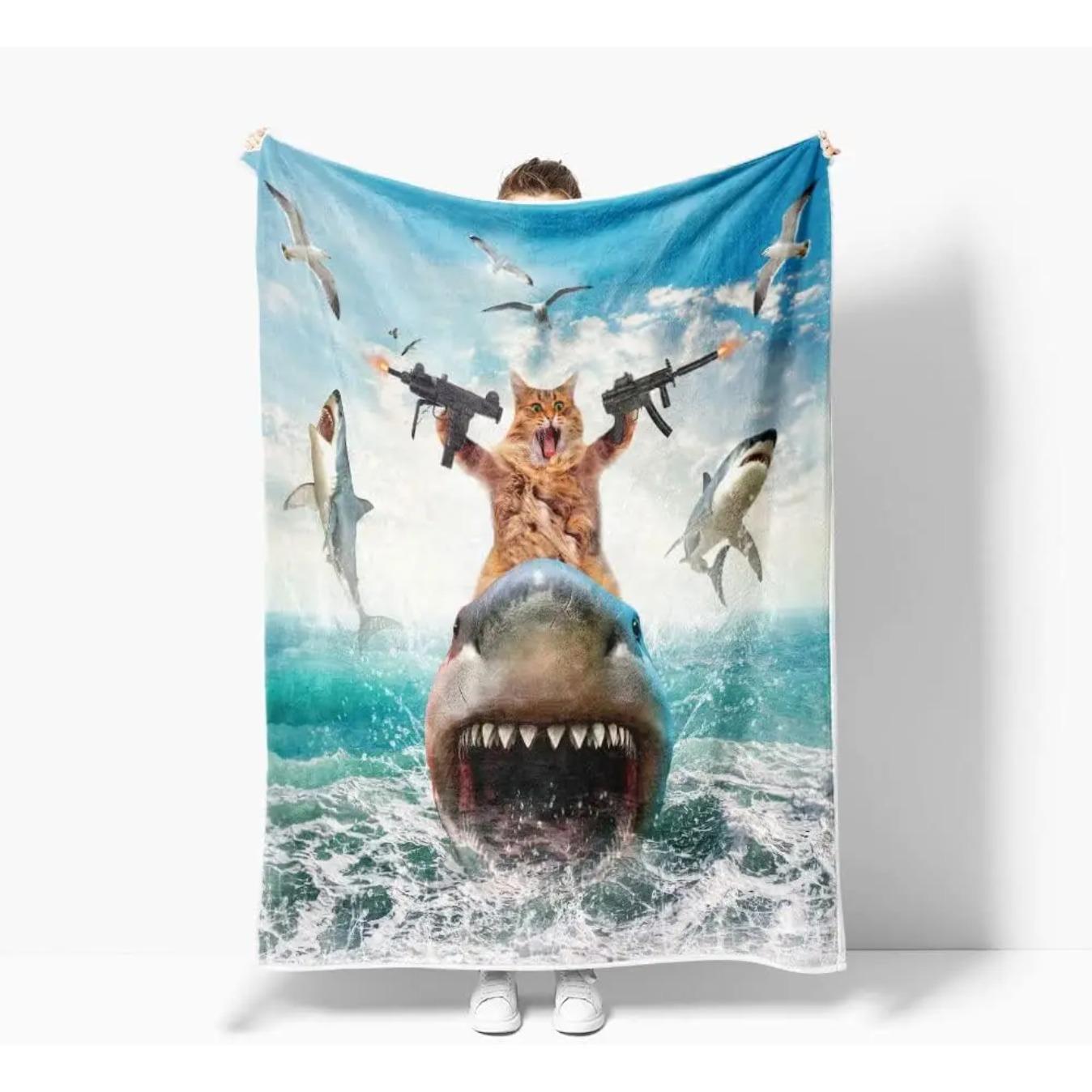 FFunny Cat Throw Blanket for Kids Farmhouse Cool Cat Riding Shark on Blue Ocean Fleece Throw Blanket Soft Cozy Lightweight Couch Sofa Bed Blanket, Cute Animal Blanket, TikTok Made Me Buy It, Christmas Birthday Gift, Home Decor Gift for Kids